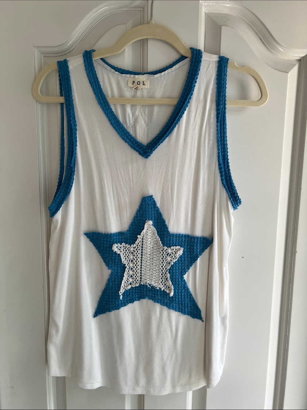 POL White Tank Top with Blue Star Crochet Trim